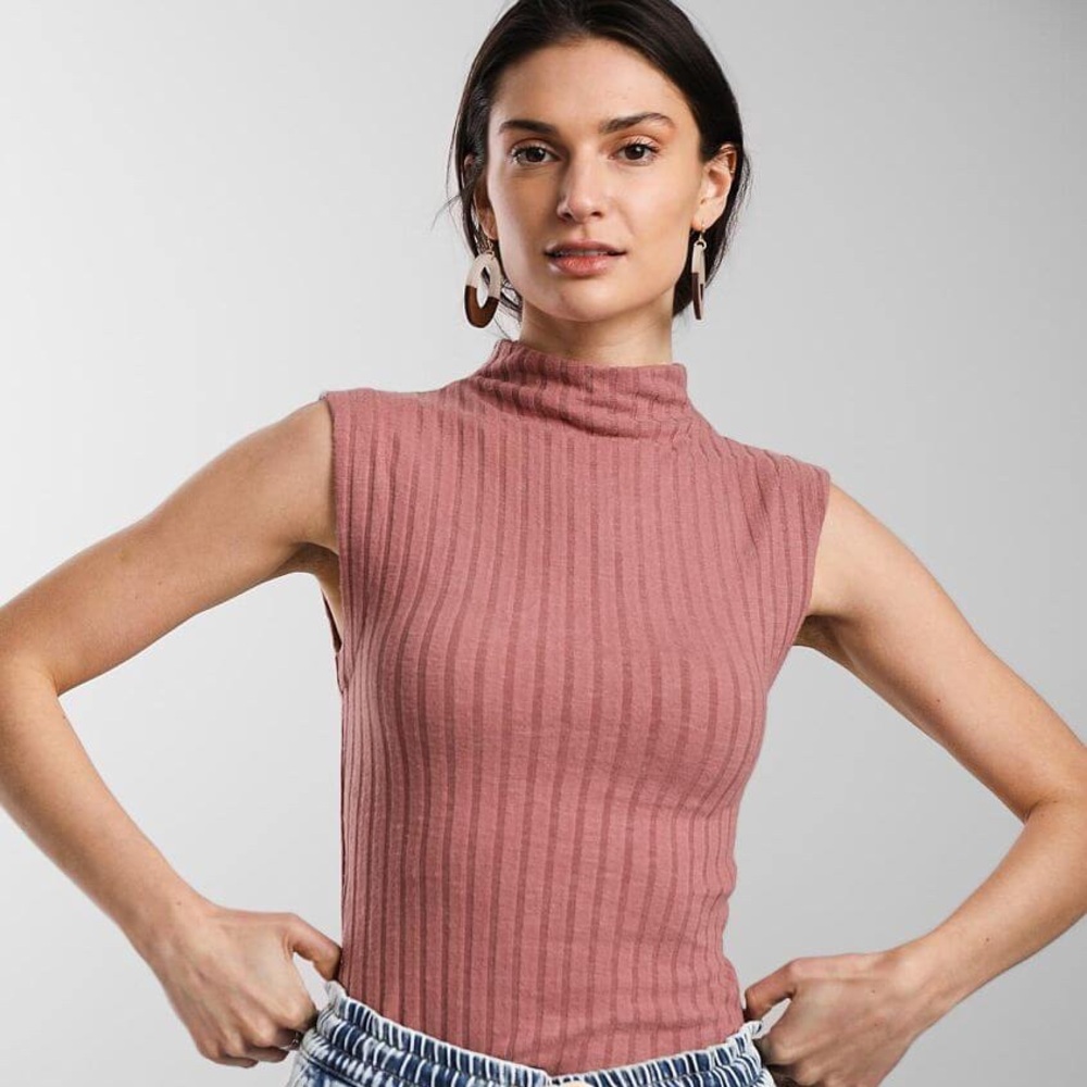 Free People Pink Ribbed Mock Neck Tank